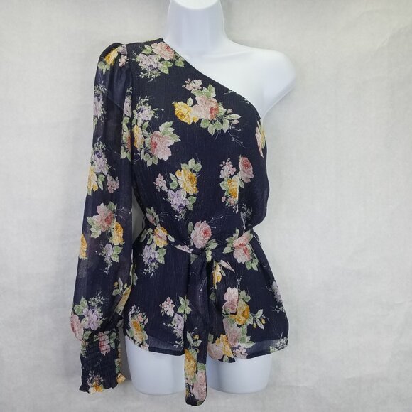 GIBSON LOOK Blouse Women XS One Shoulder Tie Waist Black Floral Side Zip Top NEW - Picture 1 of 16